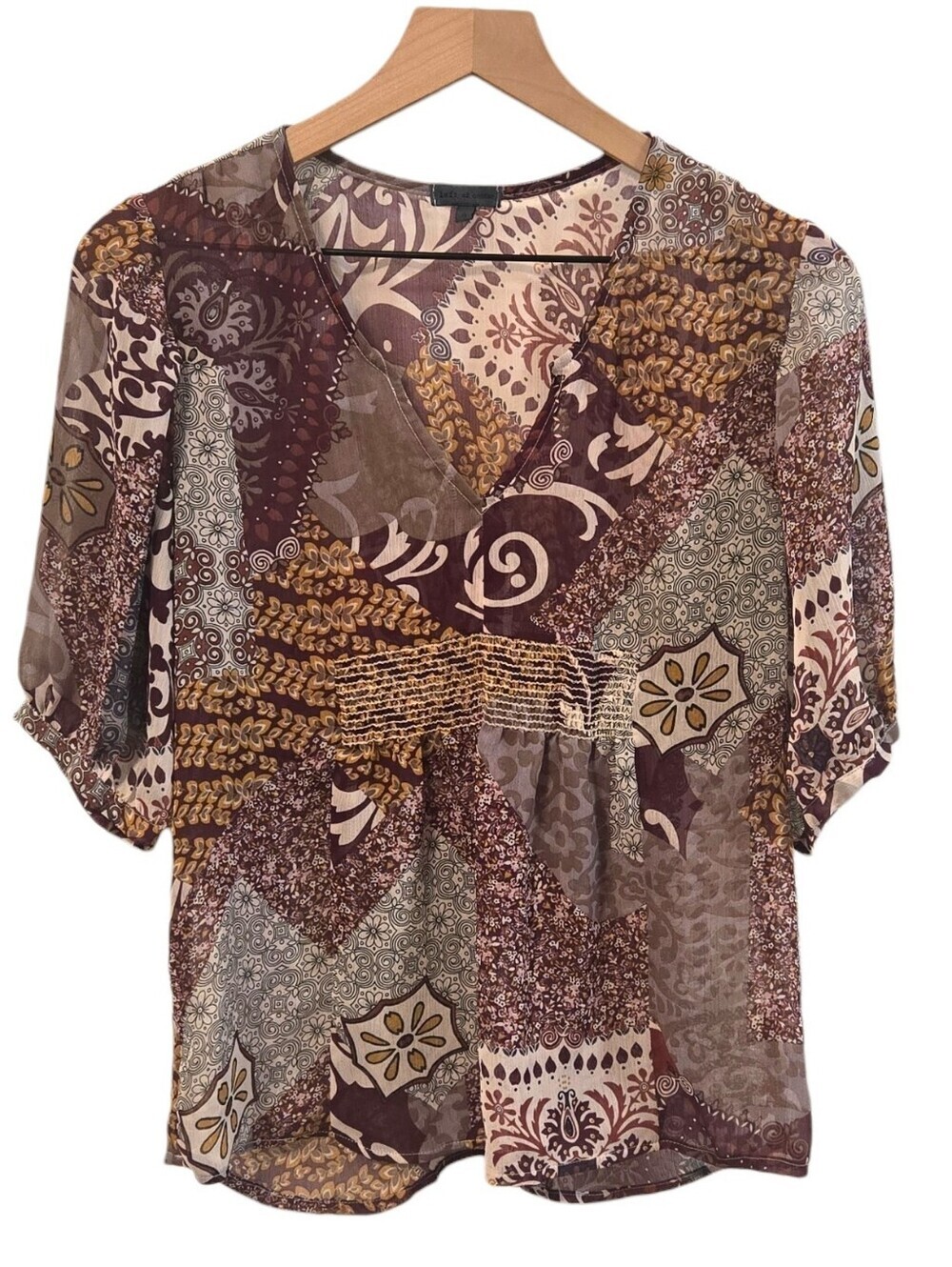 Left Of Center Anthro Sheer Lightweight Earthy Boho Patchwork Blouse Small
